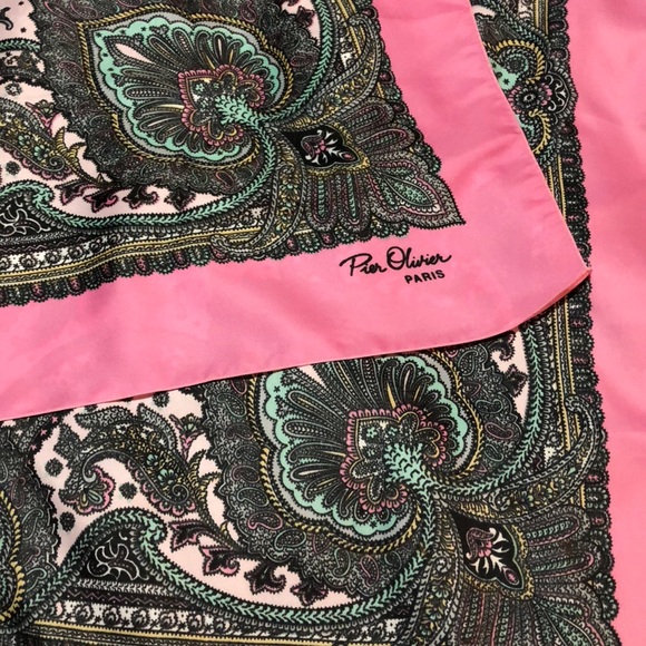 Foulard Carré Vintage Pier Olivier Motif Fleuri Bleu, Noir, Vert Kaki 84x87cm